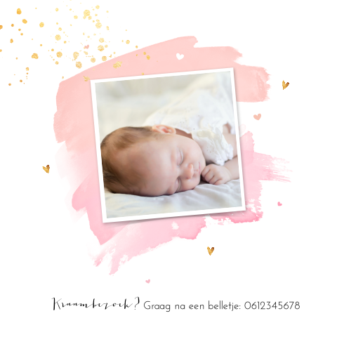 Hip geboortekaartje met watercolor en goudlook