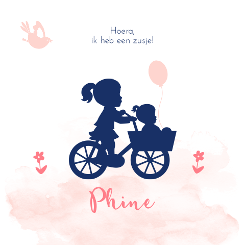 Lief geboortekaartje voor meisje met silhouet zusjes op de fiets