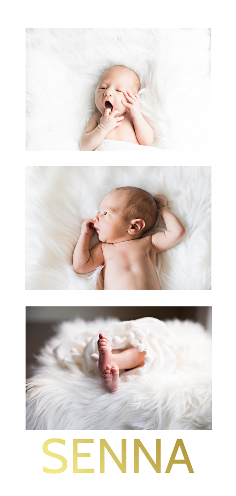 Goudfolie geboortekaart meisje met drie foto's