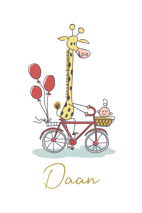 Geboortekaartje met giraffe op fiets met jongen