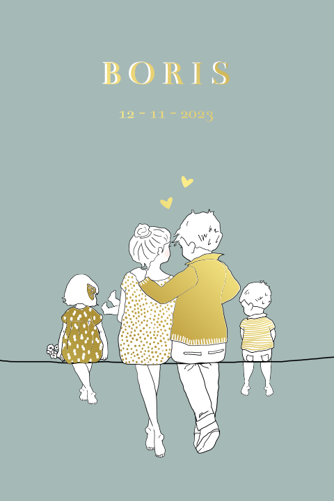 Illustratief geboortekaartje zoon met gezin en goudfolie hartjes
