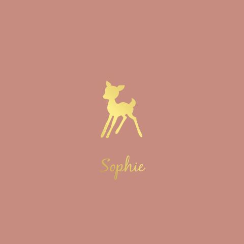 Hip goudfolie geboortekaartje met silhouet van hertje op roestkleur