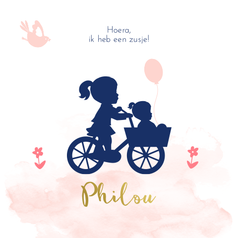 Goudfolie babykaart meisje met silhouet meisjes op de fiets