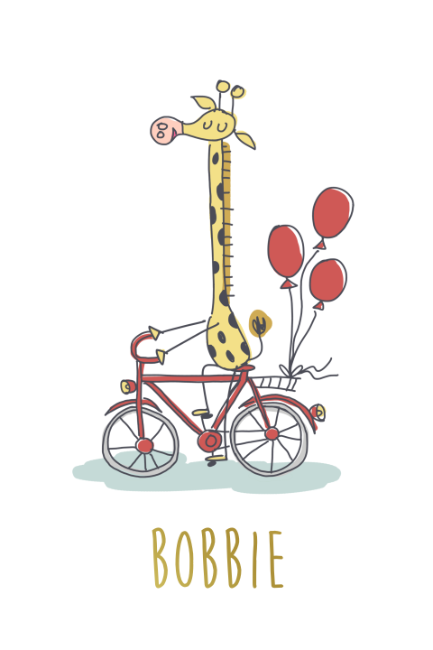 Geboortekaartje met giraffe op fiets met ballonnen unisex