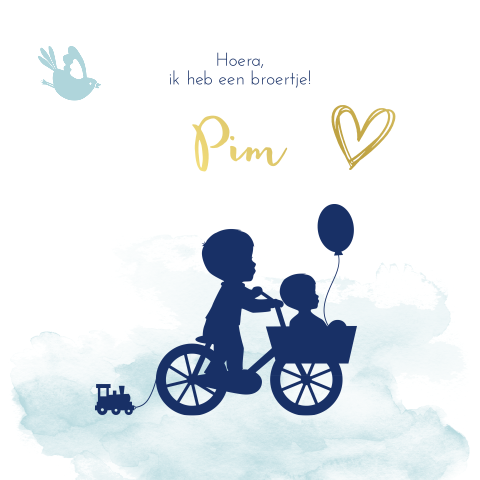 Goudfolie geboortekaartje jongen met silhouet kindjes op fiets