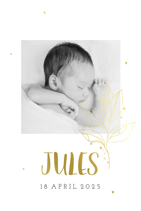Minimalistisch goudfolie geboortekaartje voor jongen met foto en takje