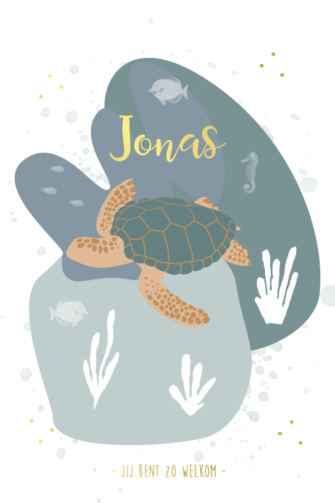 Trendy goudfolie geboortekaartje jongen met schildpadje en zeedieren