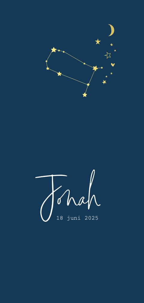 Hip geboortekaartje jongen met goudfolie sterrenbeeld op donkerblauw