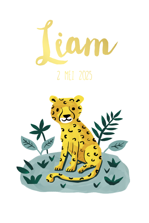 Stoer goudfolie geboortekaartje voor jongen met illustratie luipaard