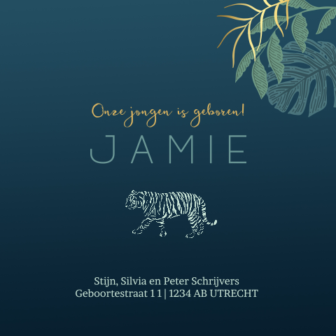 Trendy goudfolie geboortekaartje met silhouet leeuw en jungle bladeren