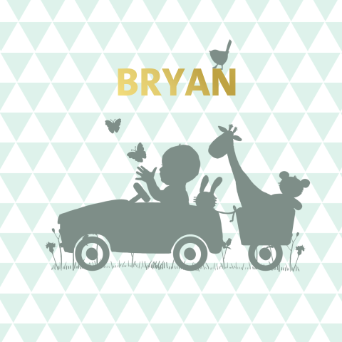 Goudfolie geboortekaartje met silhouet van jongen in auto met dieren