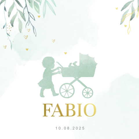 Goudfolie geboortekaartje met silhouet van broertje in kinderwagen