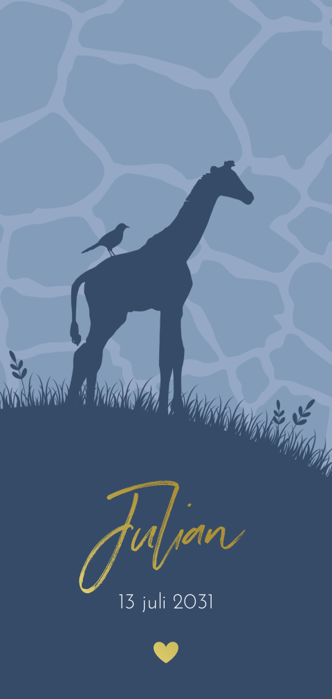 Langwerpig geboortekaartje met silhouet van giraf en vogel