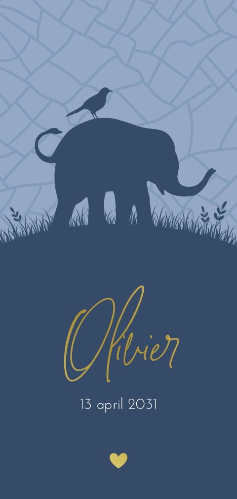 Lief langwerpig geboortekaartje met silhouet van olifantje en vogel