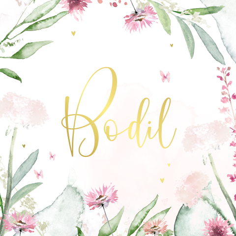 Vrolijke geboortekaart voor dochter met goudfolie en roze bloemen