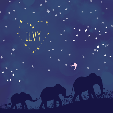 Hip goudfolie geboortekaartje voor meisje met olifantjes en sterretjes