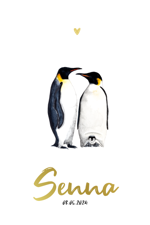 Goudfolie geboortekaartje pinguïns met baby pinguïn
