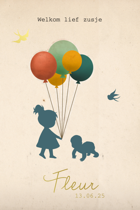 Retro Goudfolie geboortekaartje met silhouet zusjes met ballonnen