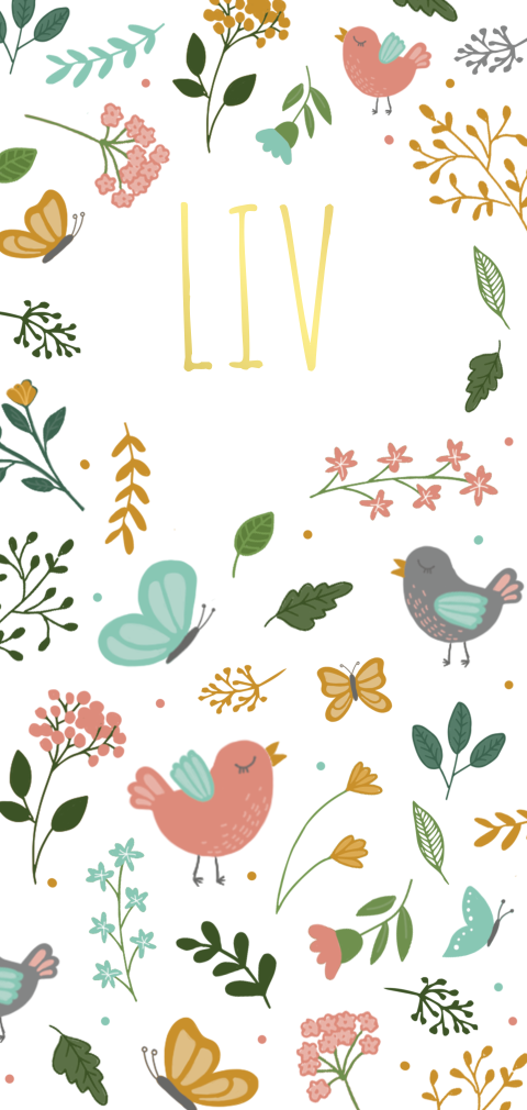 Goudfolie | lief, vrolijk babykaartje meisje met bloemen en vogels