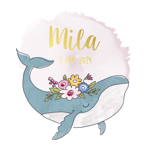Geboortekaartje met walvis en bloemen op de rug en waterverf