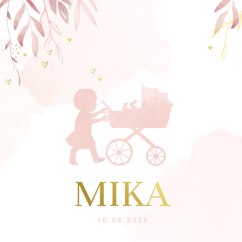 Goudfolie geboortekaartje met silhouet van zusjes met kinderwagen