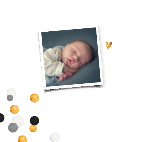 Lief geboortekaartje met foto en goudlook confetti