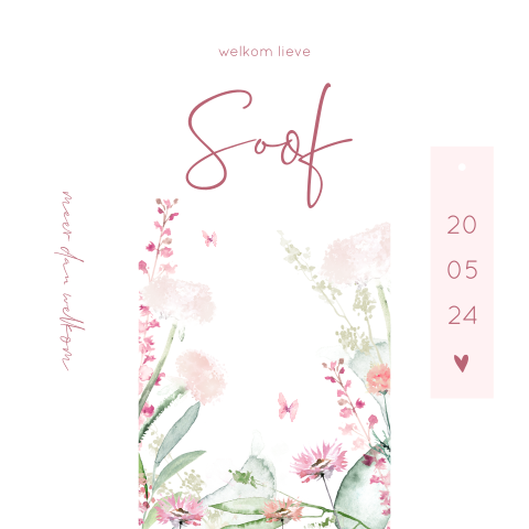 Kleurrijk label geboortekaartje met bloemen voor een meisje