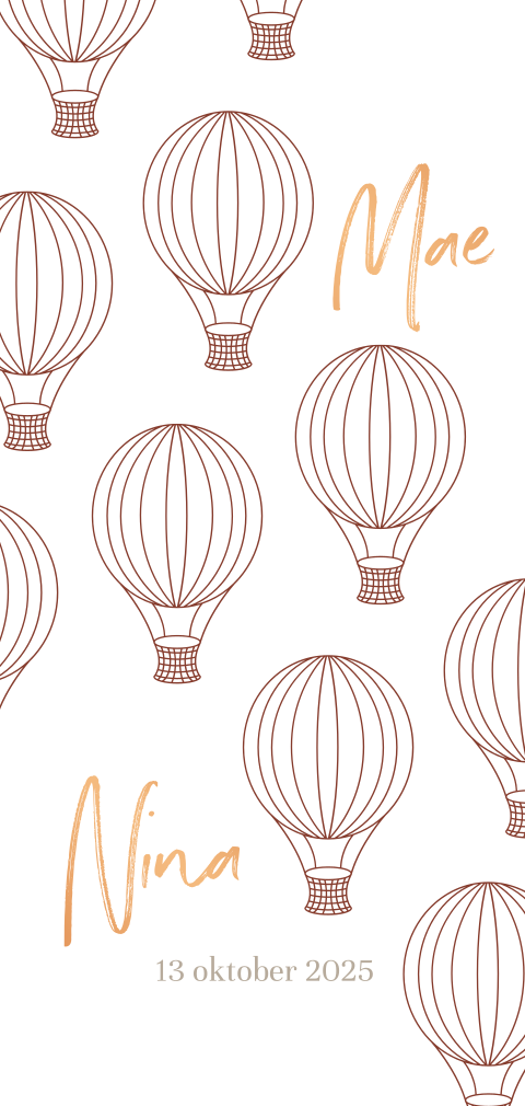 Hip koperfolie geboortekaartje voor tweeling meisjes met luchtballon