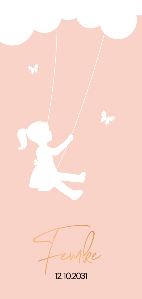 Geboortekaartje koperfolie met silhouet meisje op schommel en vlinder
