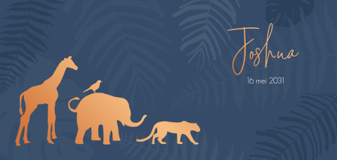 Panorama liggend geboortekaartje met dieren in koperfolie en jungle