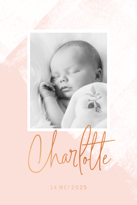Hip koperfolie geboortekaartje voor meisje met roze verf en foto