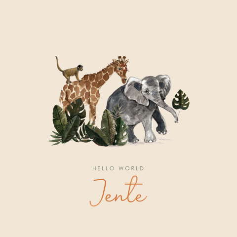 Koperfolie geboortekaartje jungle thema met giraffe, olifant en aapje