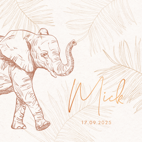 Avontuurlijk jungle geboortekaart unisex met olifantje en koperfolie