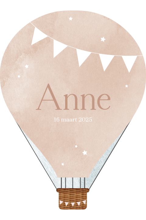 Uniek geboortekaartje in de vorm van een luchtballon met slingers