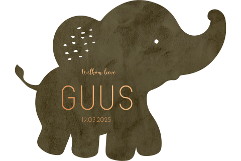 Origineel babykaartje in de vorm van een olifant met koperfolie