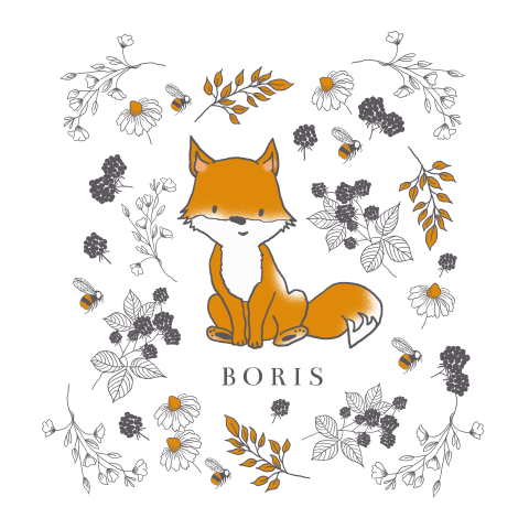 Poster met schattig vosje tussen bloemetjes en blaadjes