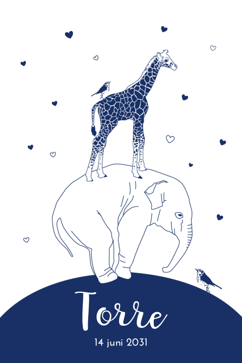 Poster voor jongen met giraffe, olifant, vogeltje en blauwe hartjes