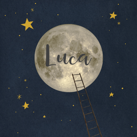Poster voor jongen met volle maan aan een sterrenhemel met ladder