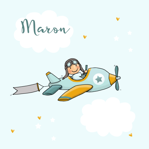 Poster met illustratie van jongen met vlieguig in de wolken en hartjes