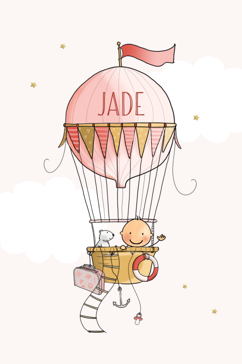 Poster met lieve illustratie van meisje in roze luchtballon