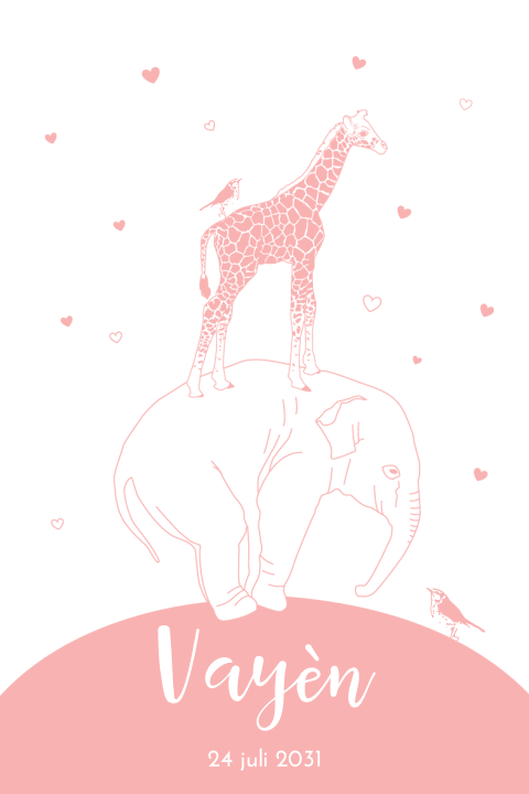Poster voor meisje met olifant, giraffe, vogeltje en hartjes in roze