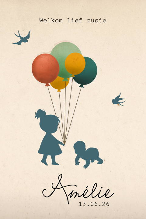 Retro geboortekaartje meisje met ballonnen en typografie