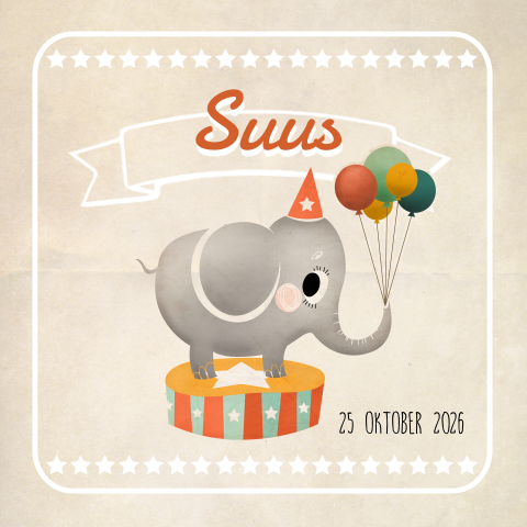 Retro geboortekaartje voor meisje met olifantje in circus