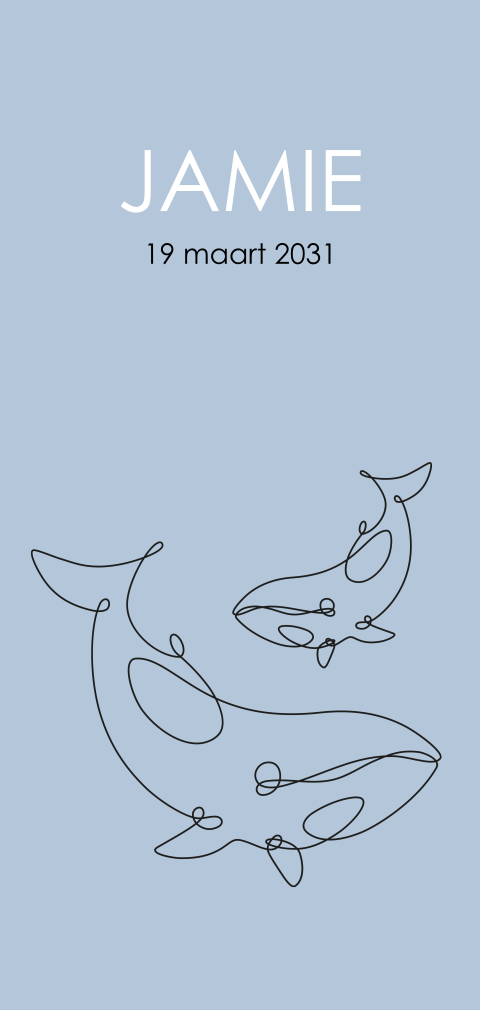 Eenvoudig geboortekaartje met lijntekening van walvissen voor jongetje