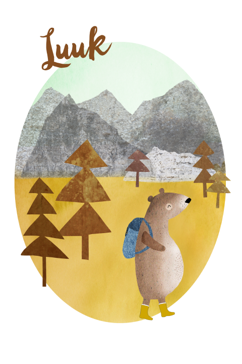 Hip rondhoek geboortekaartje jongen met illustratie beer in bergen