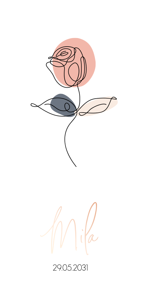Eenvoudig geboortekaartje met lijntekening van een roos en roséfolie