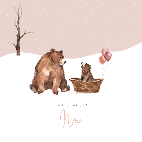 Roségoudfolie geboortekaartje met beren in de sneeuw en ballonnen