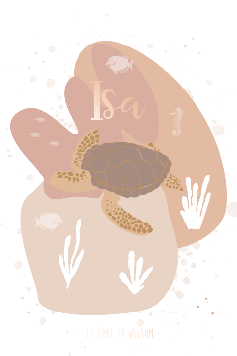 Hip roségoudfolie geboortekaartje voor meisje met schildpadje