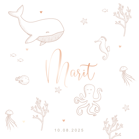 Hip roségoudfolie geboortekaartje voor meisje met tekening zeedieren