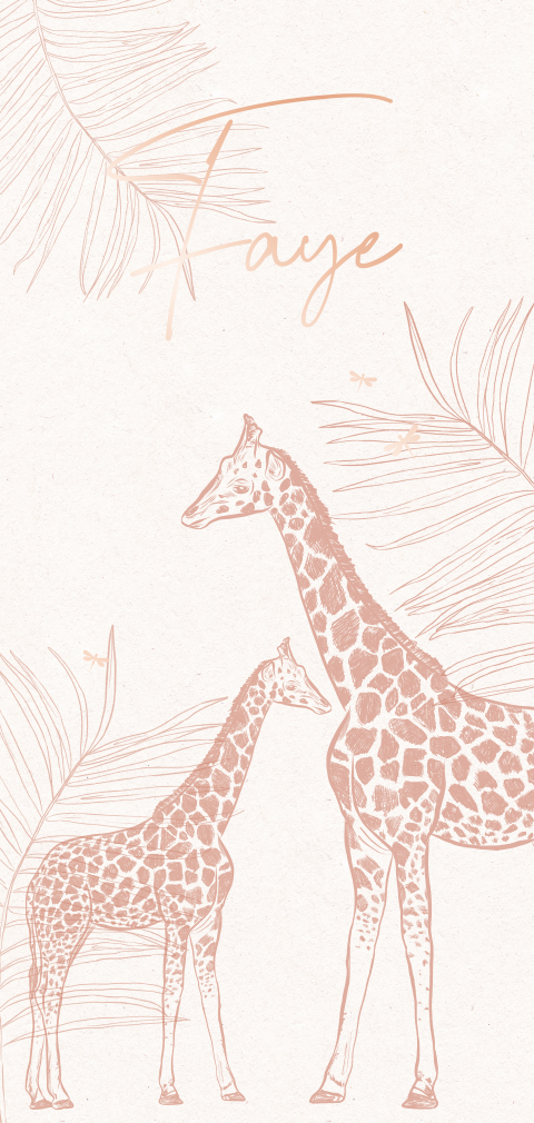 Pastel jungle geboortekaart dochter giraffen met roségoudfolie